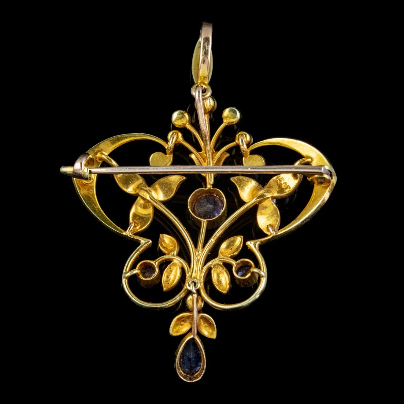 Antique Victorian Art Nouveau Sapphire Pearl Pendant Brooch 15Ct Gold Circa 1900