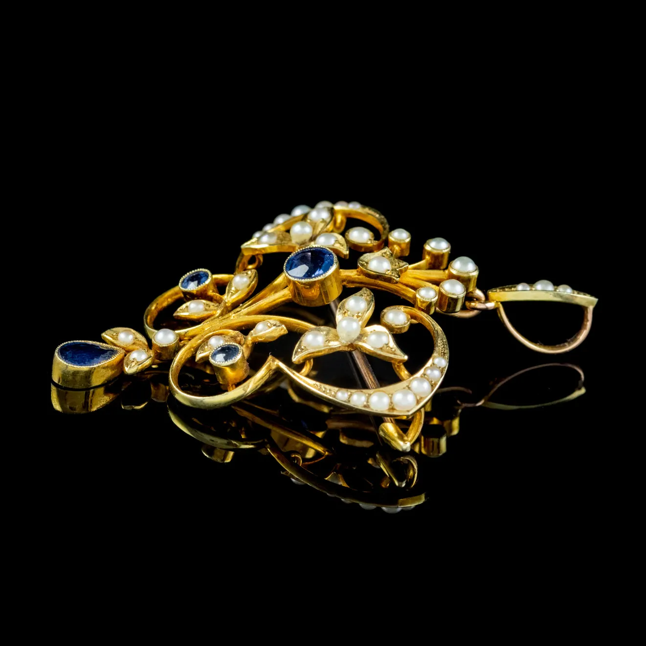 Antique Victorian Art Nouveau Sapphire Pearl Pendant Brooch 15Ct Gold Circa 1900