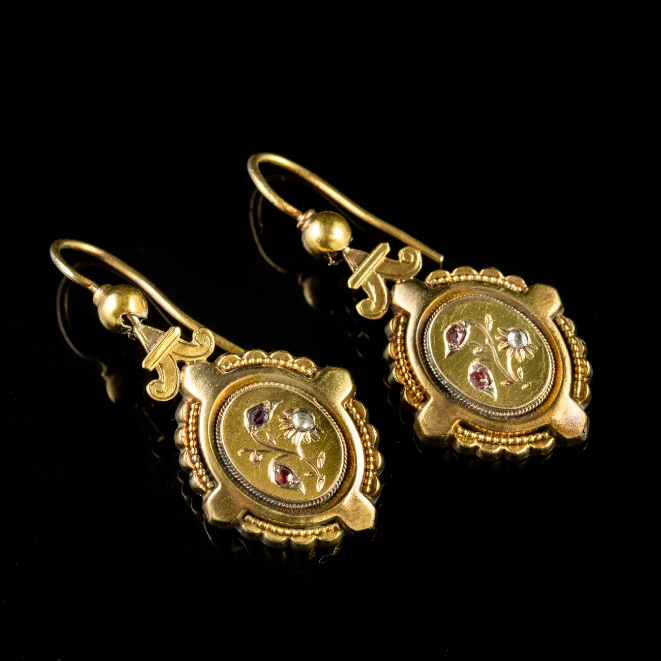 Antique Victorian Gold Cased Diamond Garnet Drop Earrings Circa 1880