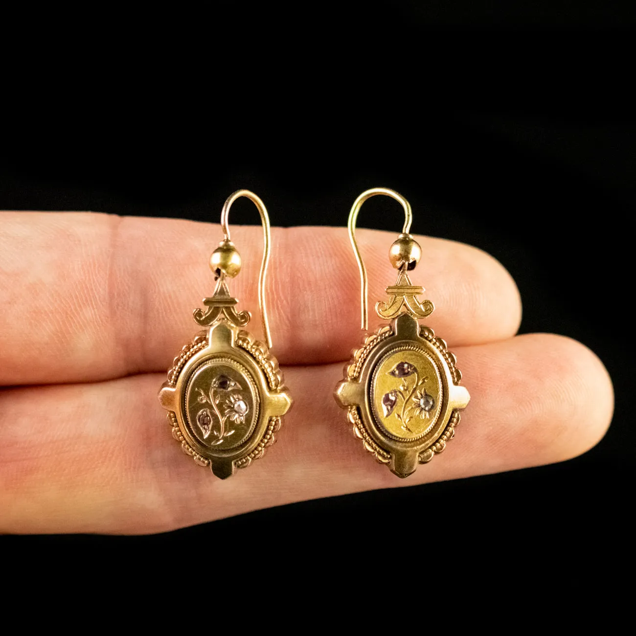 Antique Victorian Gold Cased Diamond Garnet Drop Earrings Circa 1880