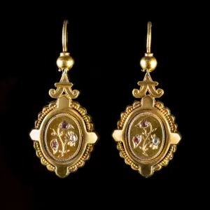 Antique Victorian Gold Cased Diamond Garnet Drop Earrings Circa 1880