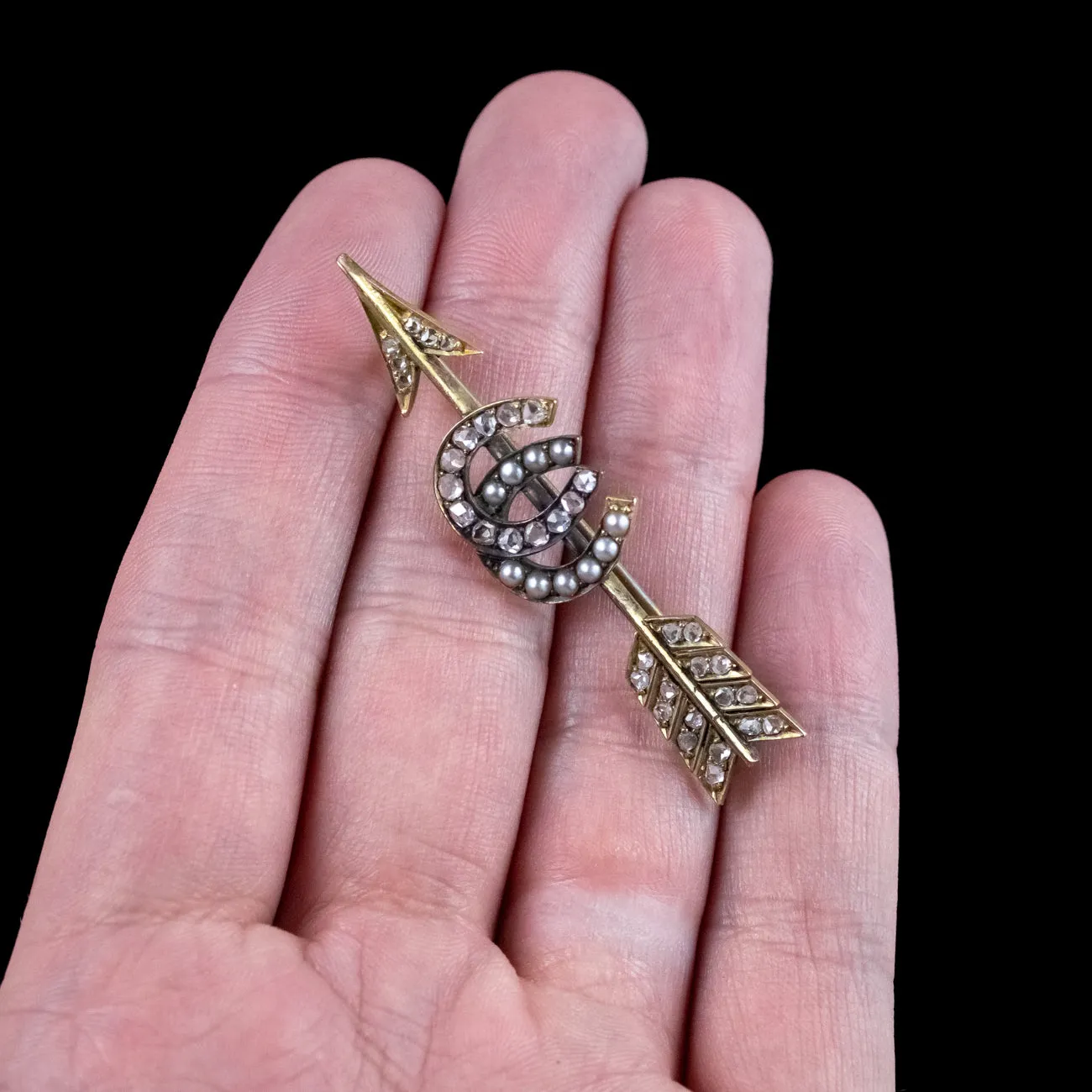 Antique Victorian Horseshoe Diamond Pearl Arrow Brooch 18ct Gold