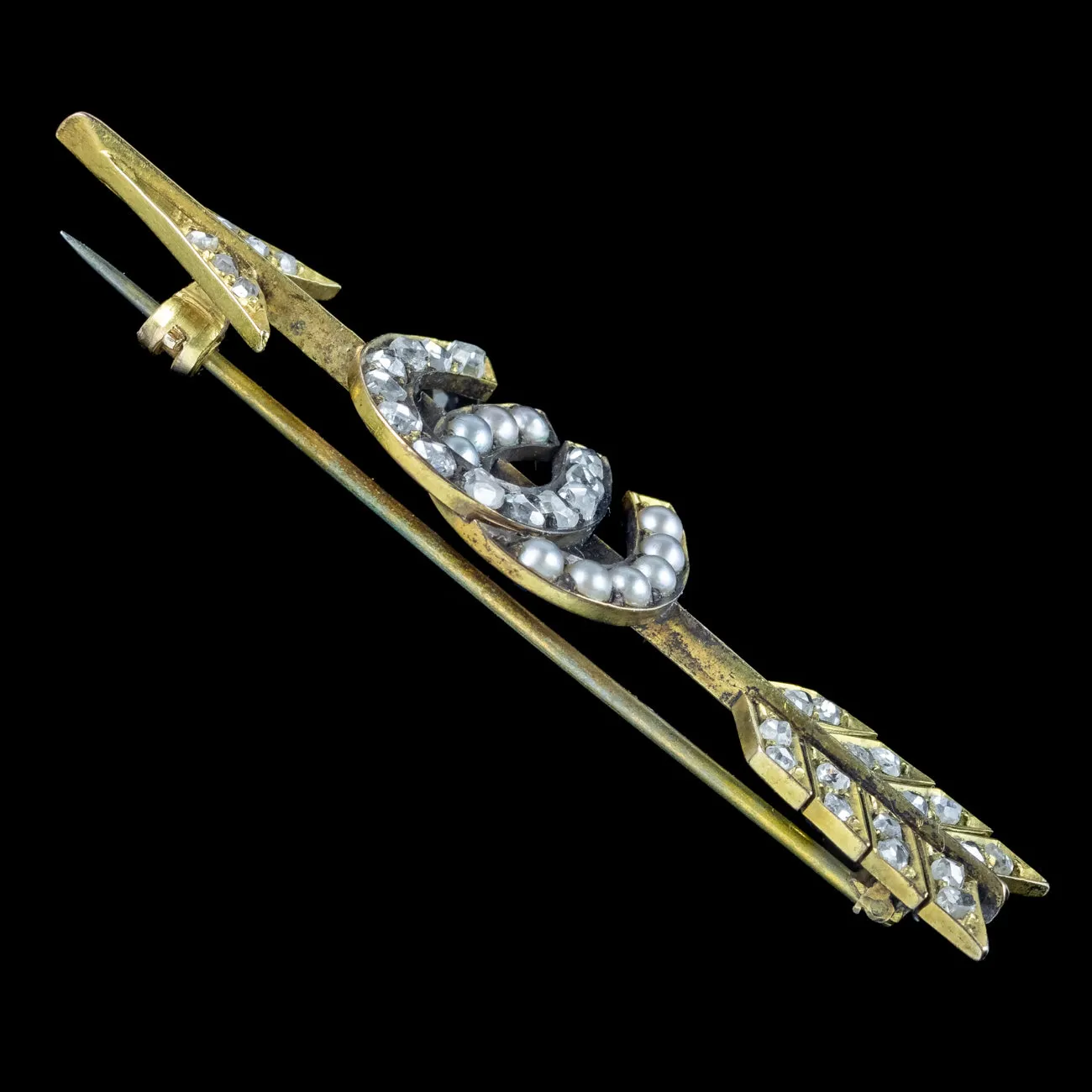 Antique Victorian Horseshoe Diamond Pearl Arrow Brooch 18ct Gold