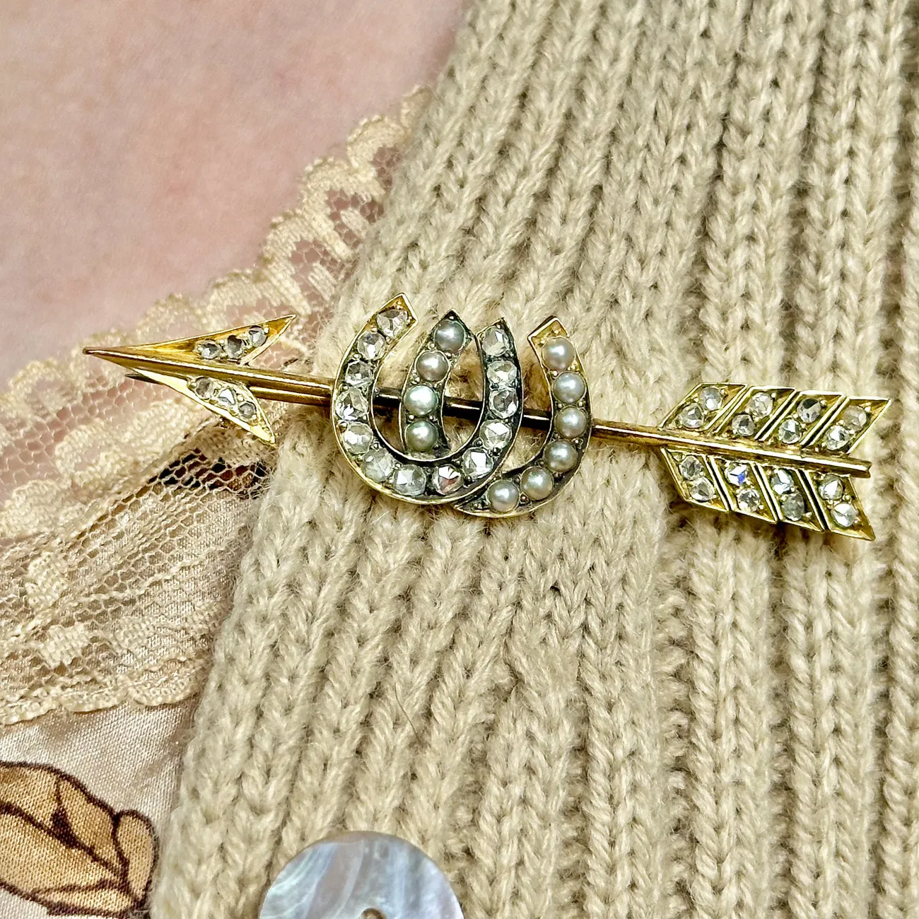 Antique Victorian Horseshoe Diamond Pearl Arrow Brooch 18ct Gold