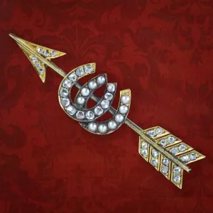Antique Victorian Horseshoe Diamond Pearl Arrow Brooch 18ct Gold