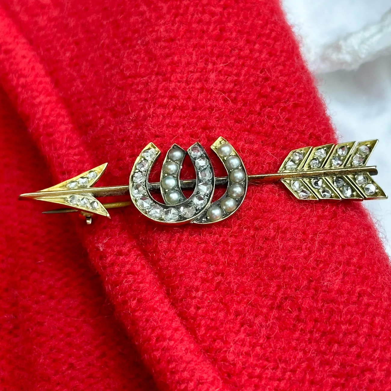 Antique Victorian Horseshoe Diamond Pearl Arrow Brooch 18ct Gold