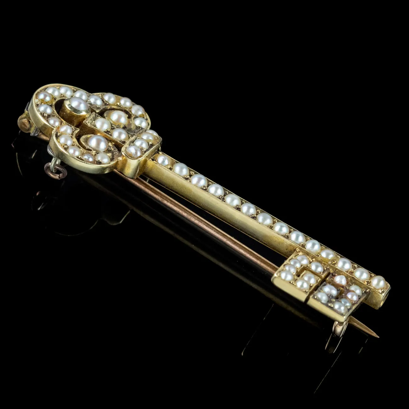 Antique Victorian Natural Pearl Key Brooch 18ct Gold