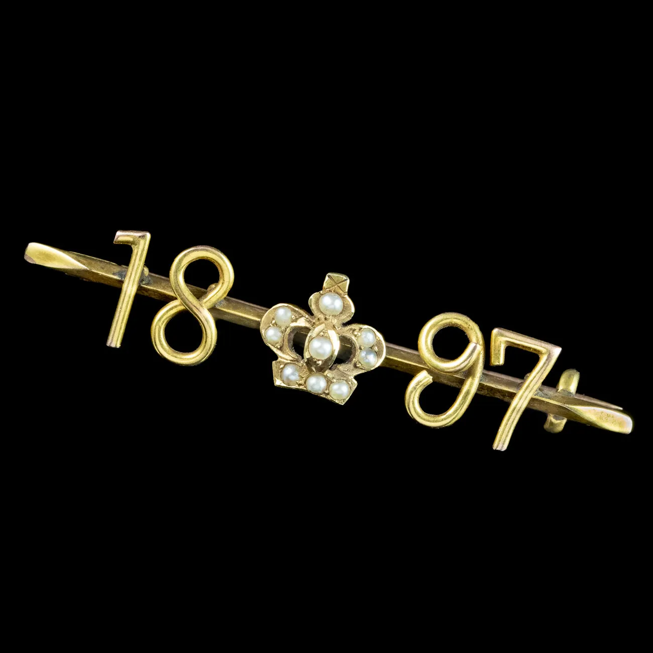 Antique Victorian Pearl Crown Bar Brooch 9ct Gold 1897 Diamond Jubilee