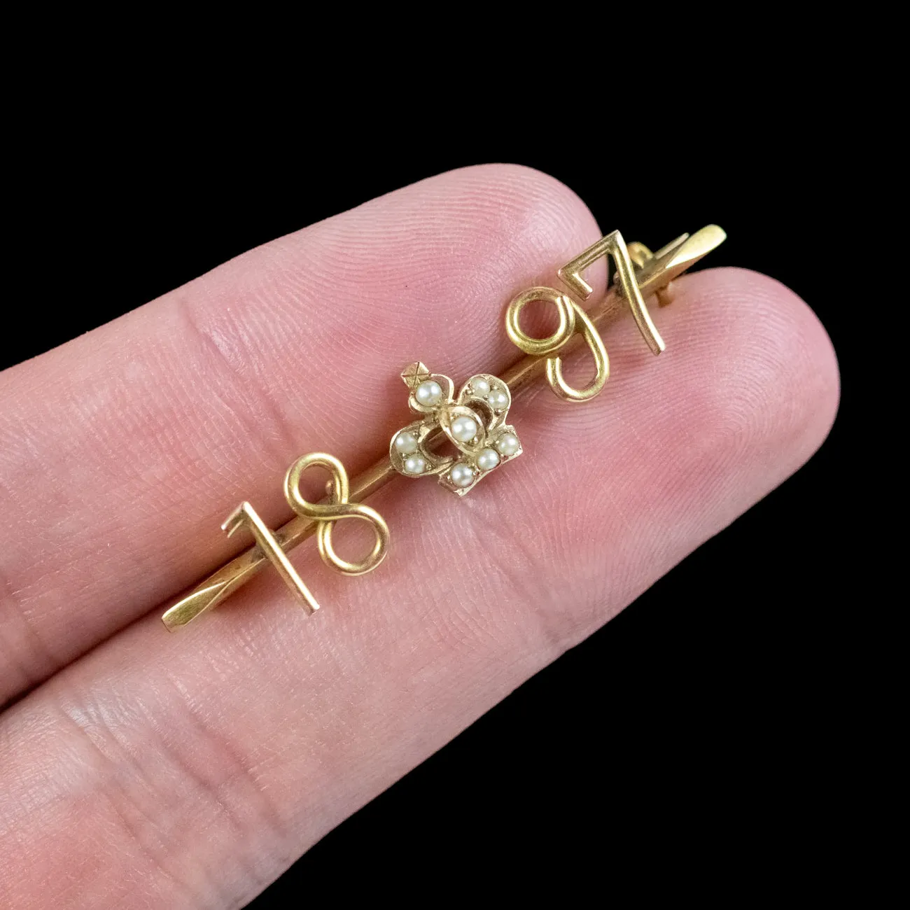 Antique Victorian Pearl Crown Bar Brooch 9ct Gold 1897 Diamond Jubilee