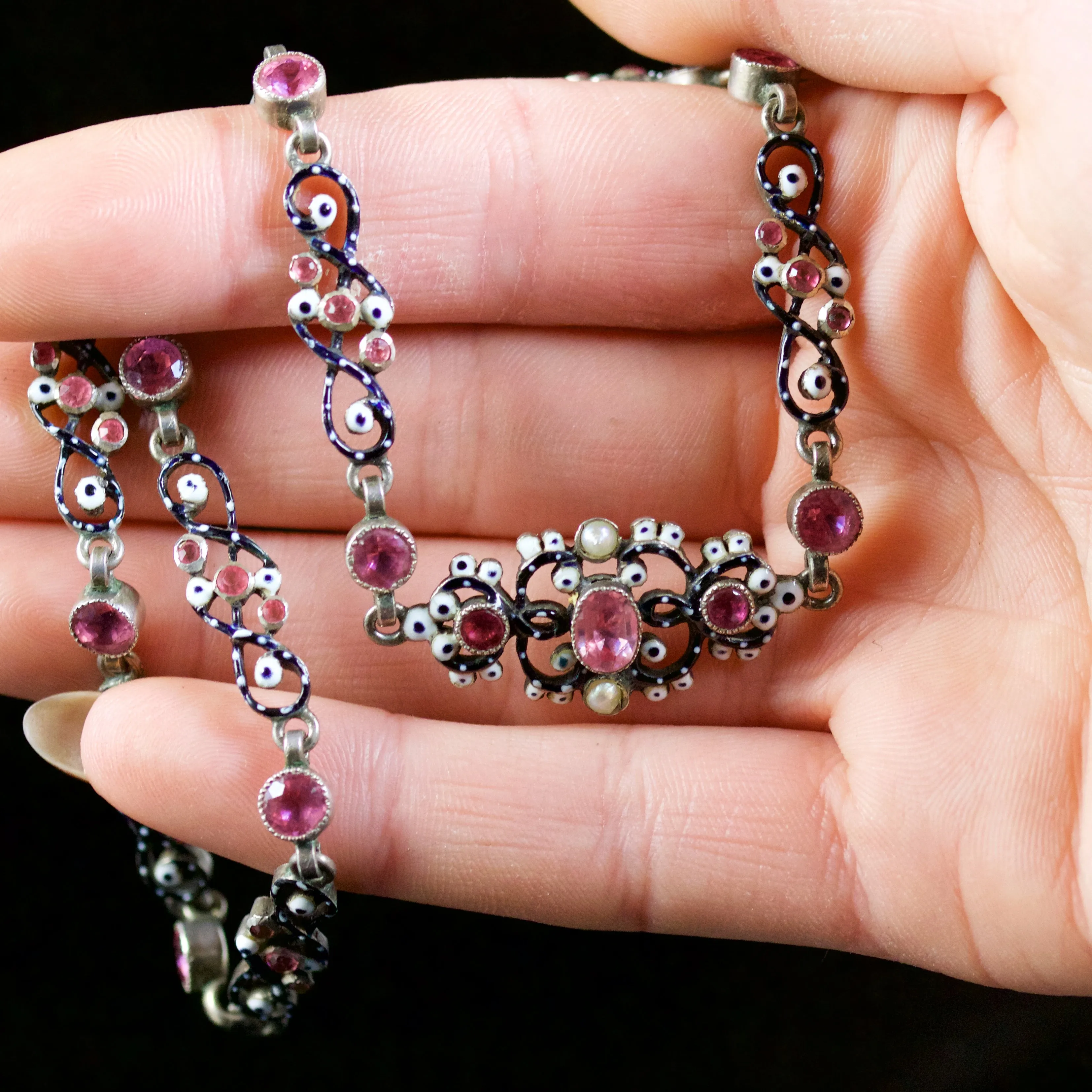 Antique Victorian Pink Paste Enamel Collar Silver Circa 1900