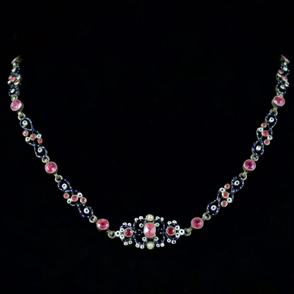 Antique Victorian Pink Paste Enamel Collar Silver Circa 1900