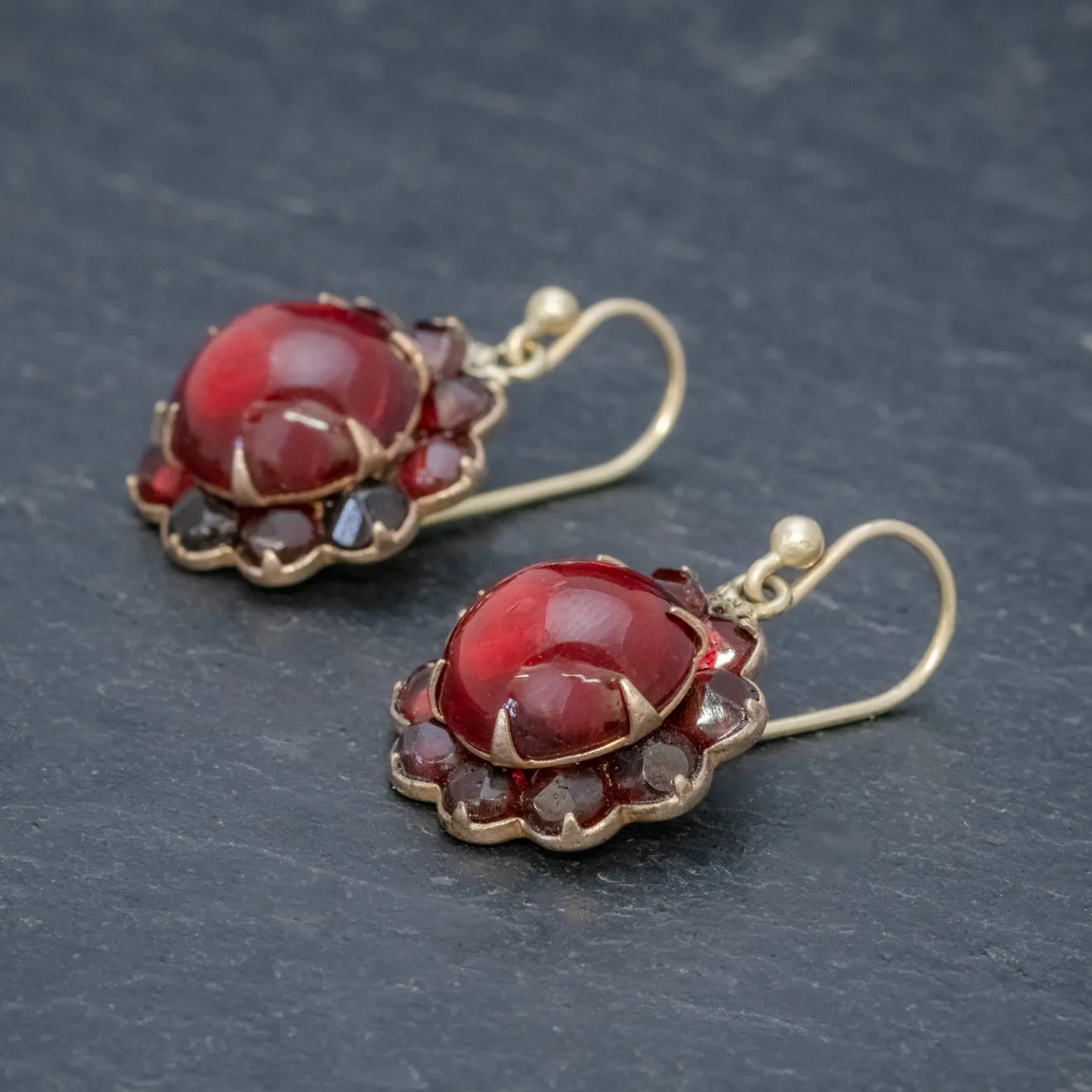 Antique Victorian Red Paste Garnet Flower Earrings Circa 1880