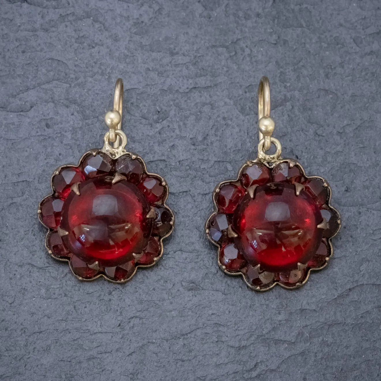 Antique Victorian Red Paste Garnet Flower Earrings Circa 1880