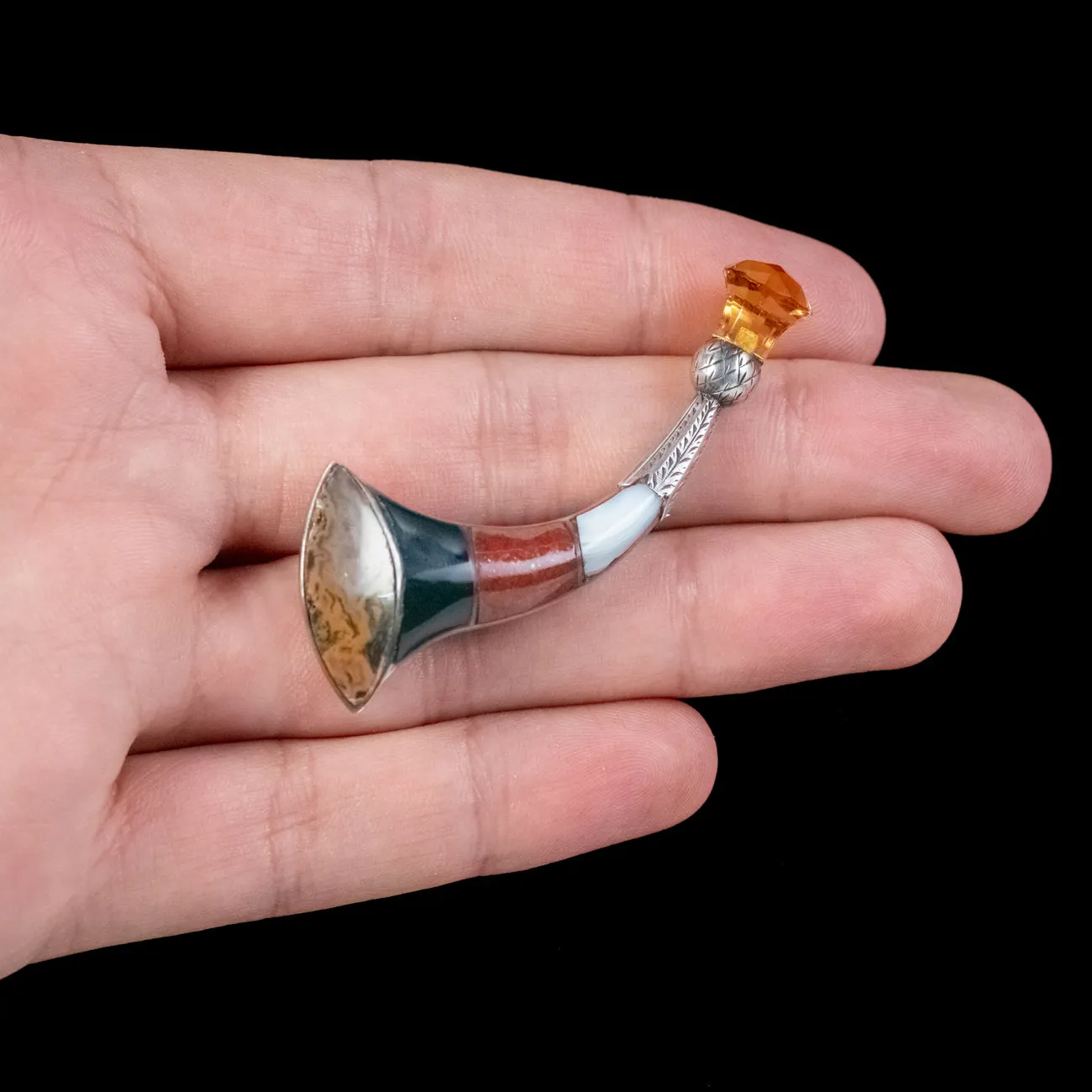 Antique Victorian Scottish Agate Horn Brooch Silver