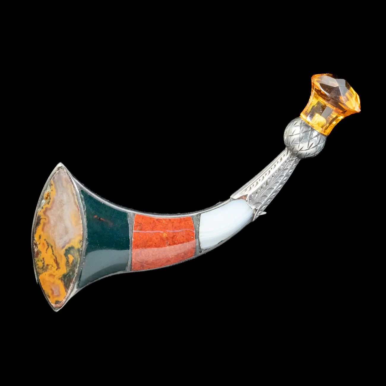 Antique Victorian Scottish Agate Horn Brooch Silver