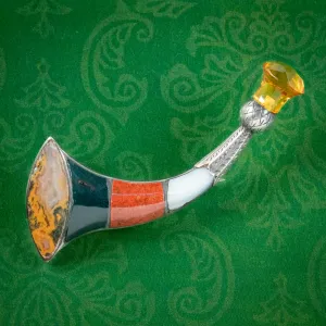 Antique Victorian Scottish Agate Horn Brooch Silver