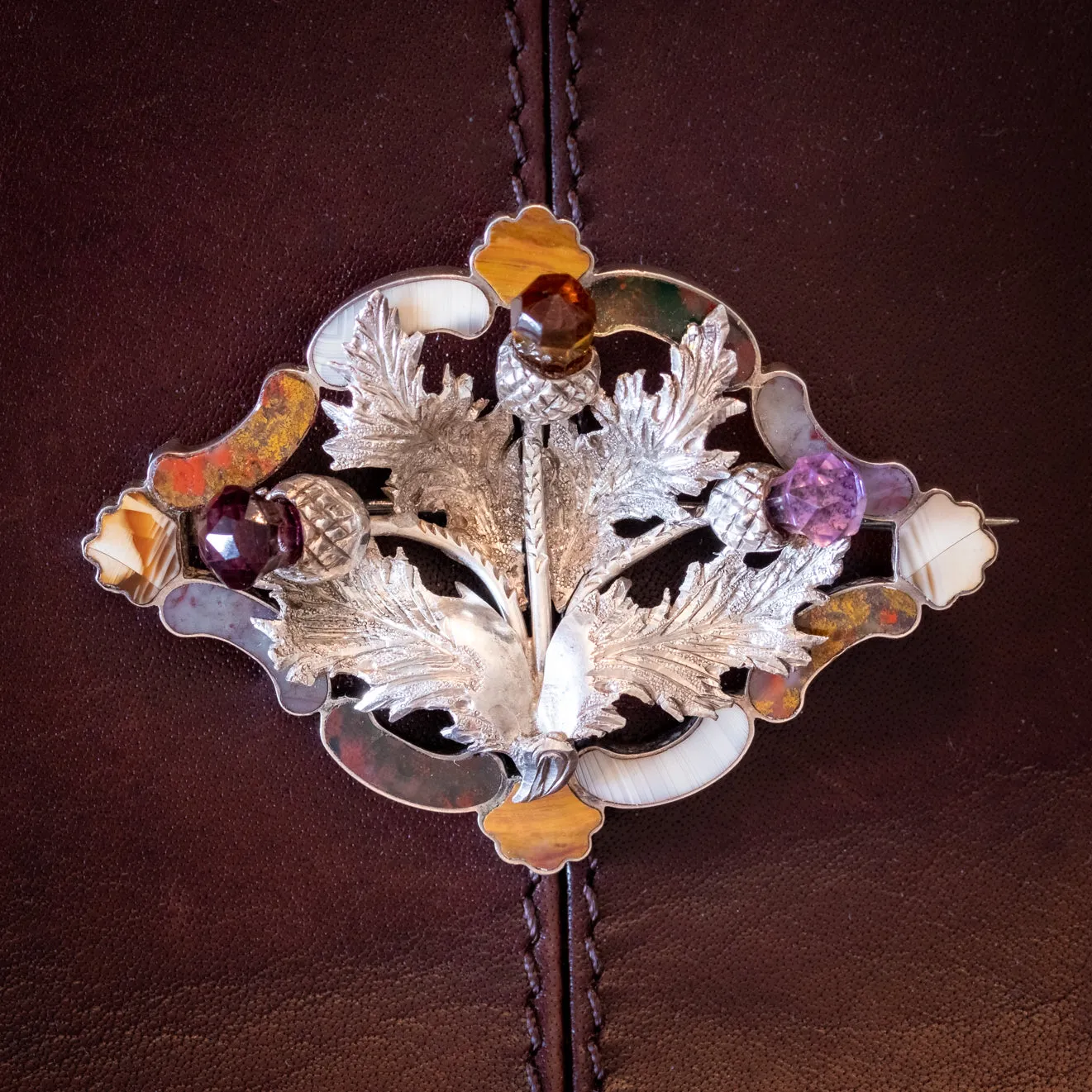 Antique Victorian Scottish Thistle Brooch Silver Agate Citrine Amethyst Circa 1860