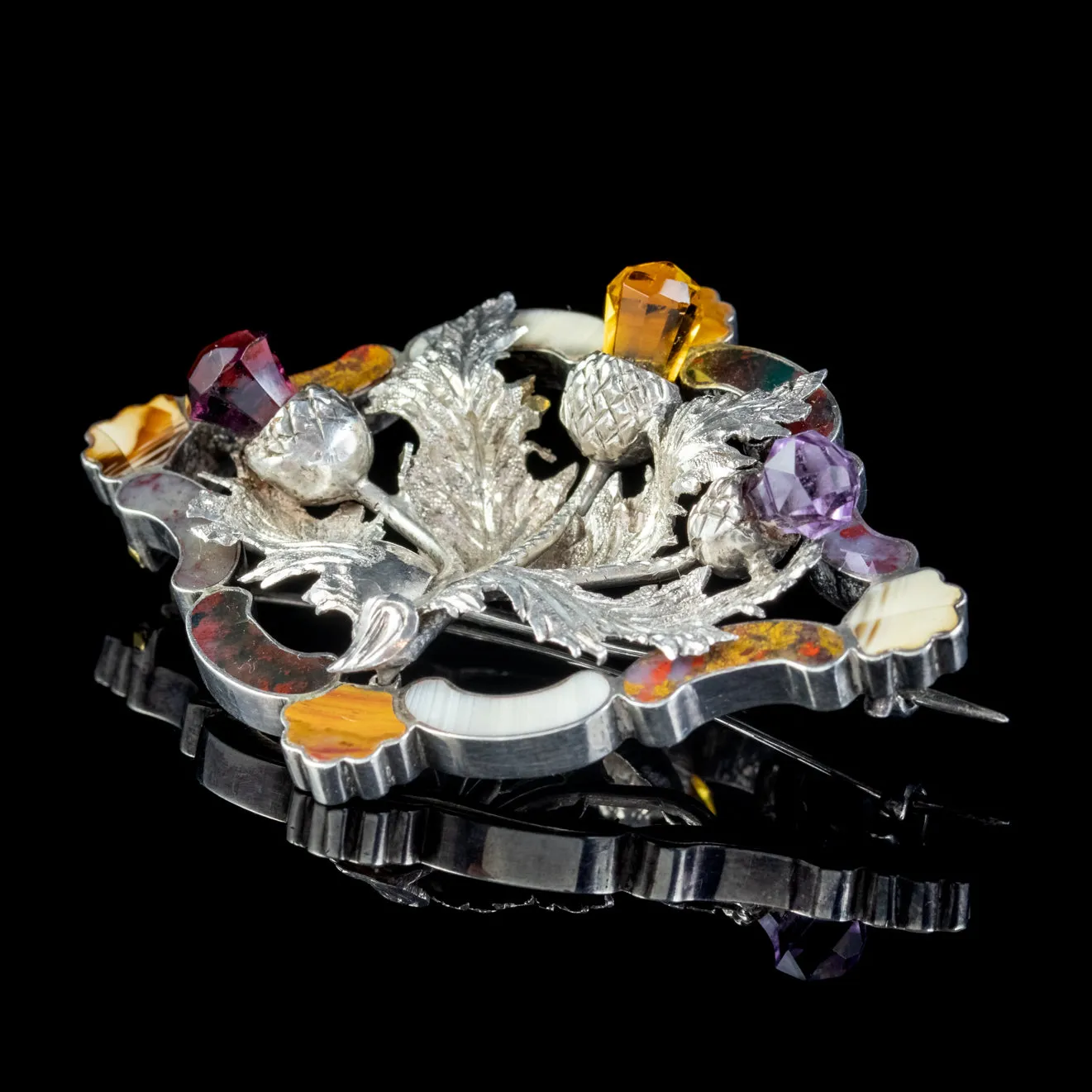 Antique Victorian Scottish Thistle Brooch Silver Agate Citrine Amethyst Circa 1860