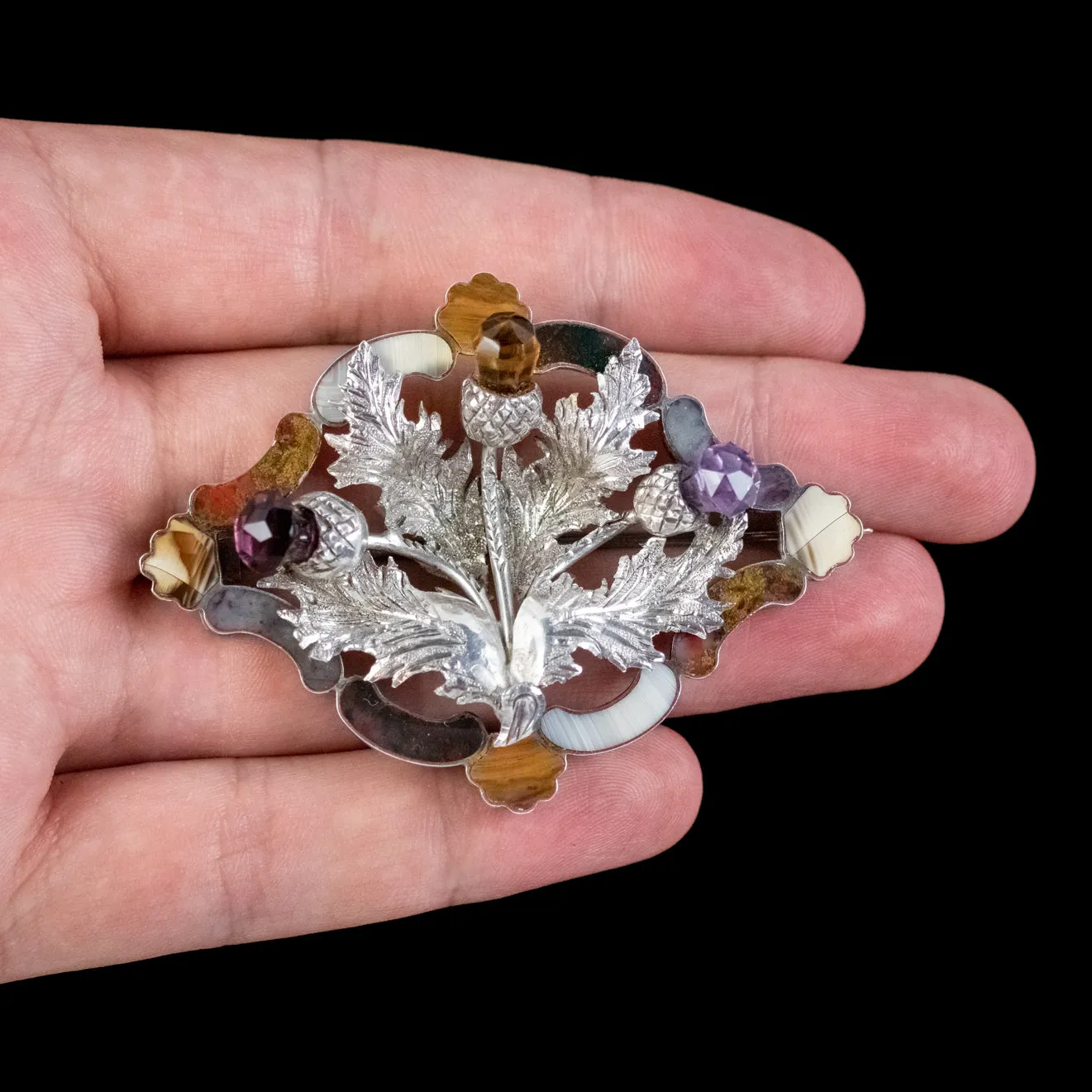 Antique Victorian Scottish Thistle Brooch Silver Agate Citrine Amethyst Circa 1860