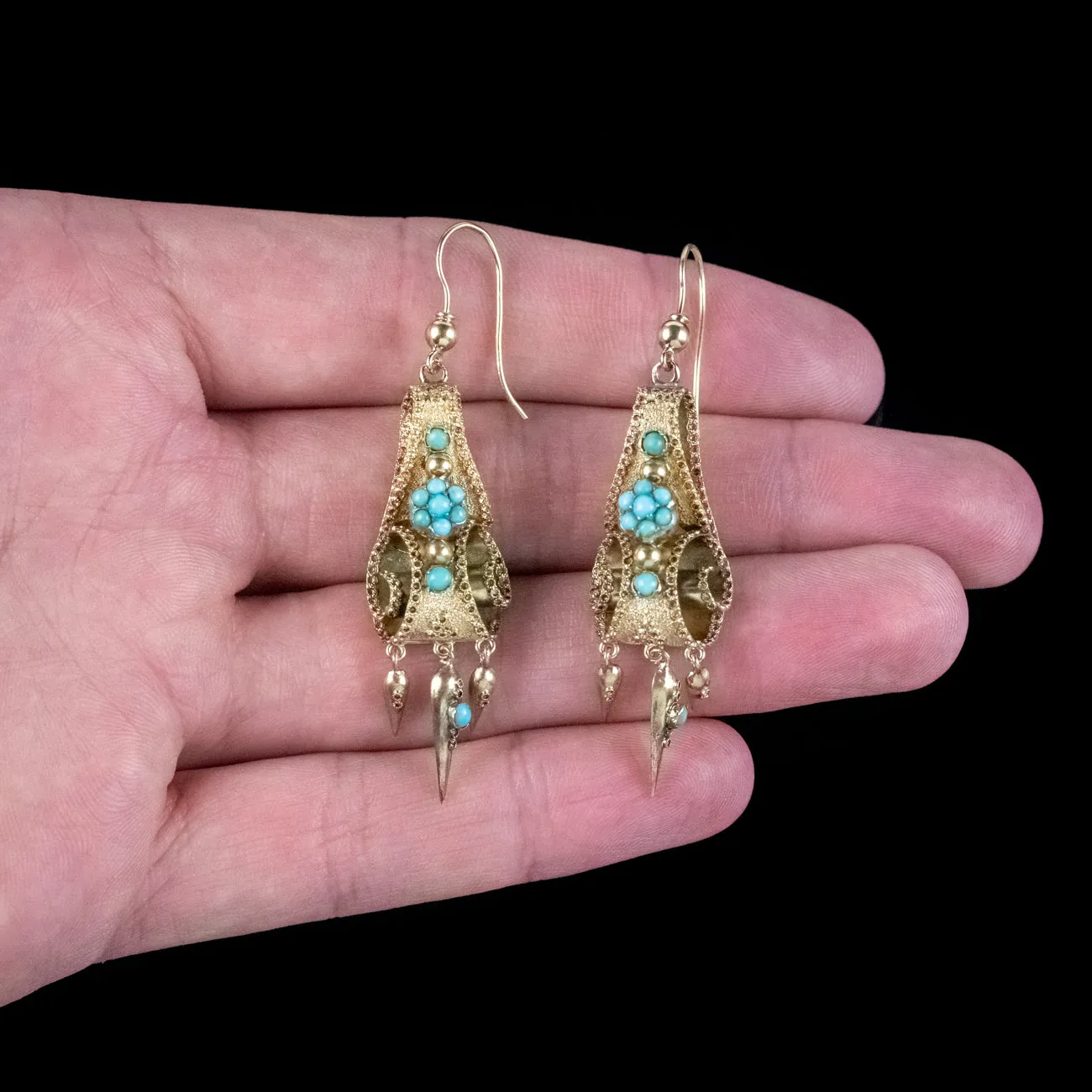 Antique Victorian Turquoise Etruscan Drop Earrings 18ct Gold