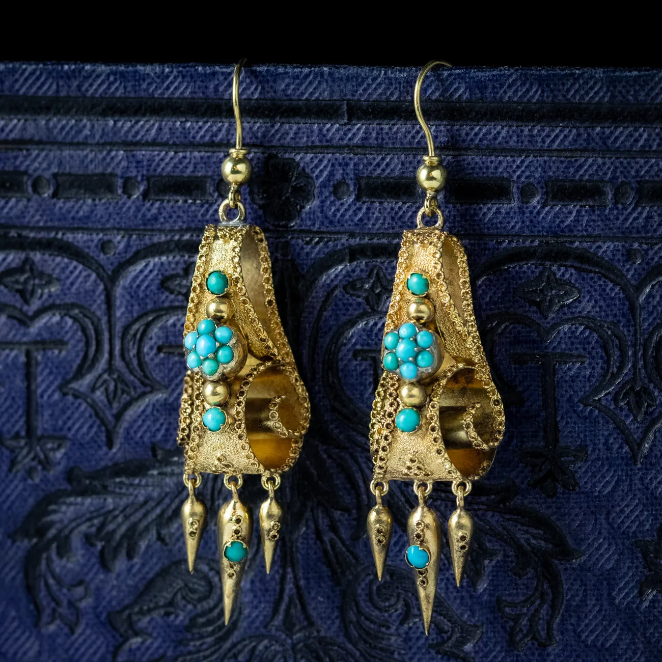 Antique Victorian Turquoise Etruscan Drop Earrings 18ct Gold