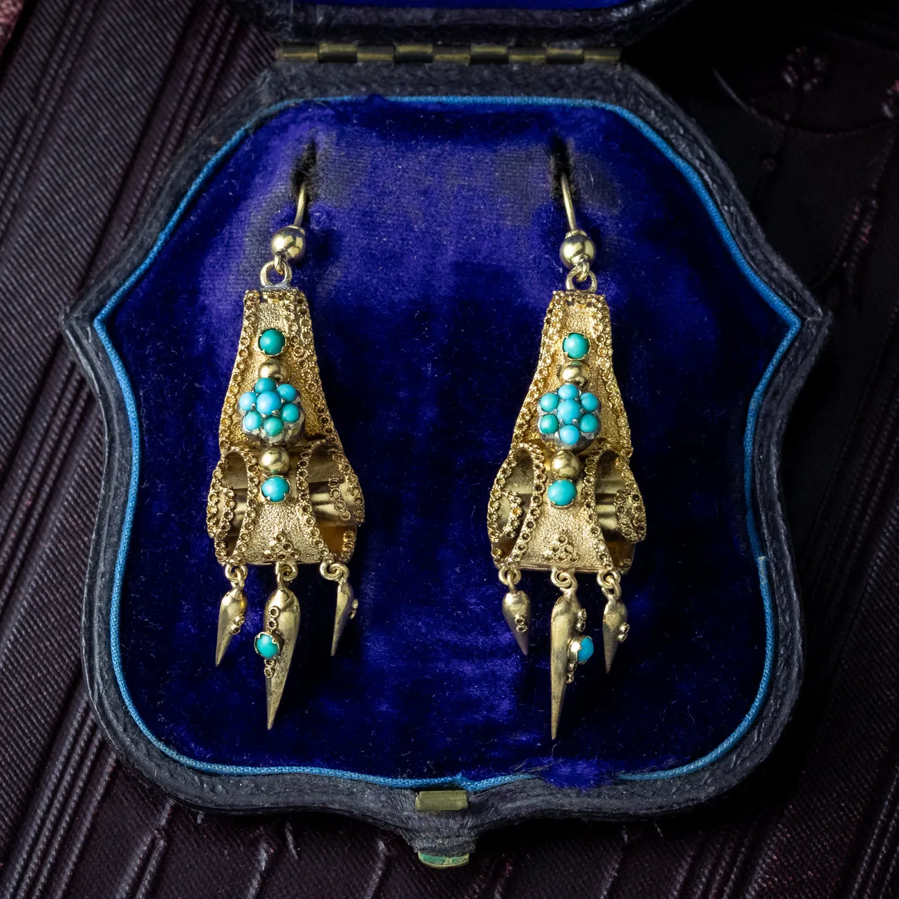 Antique Victorian Turquoise Etruscan Drop Earrings 18ct Gold