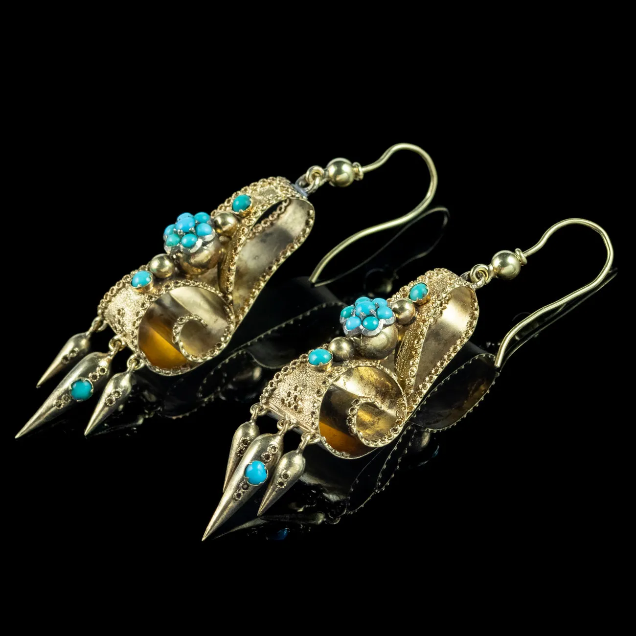 Antique Victorian Turquoise Etruscan Drop Earrings 18ct Gold