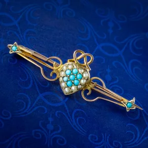 Antique Victorian Turquoise Pearl Heart Bar Brooch 9ct Gold