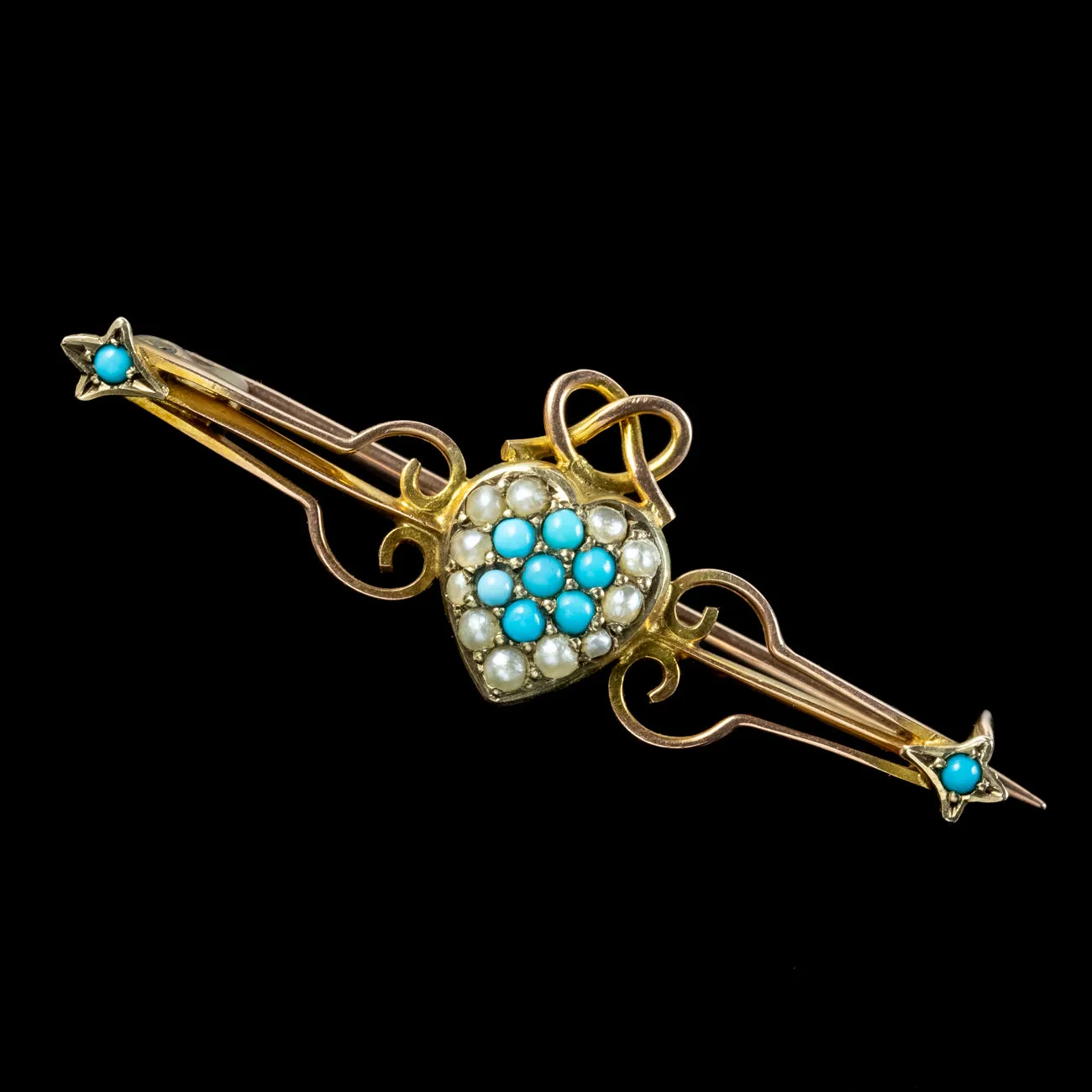 Antique Victorian Turquoise Pearl Heart Bar Brooch 9ct Gold