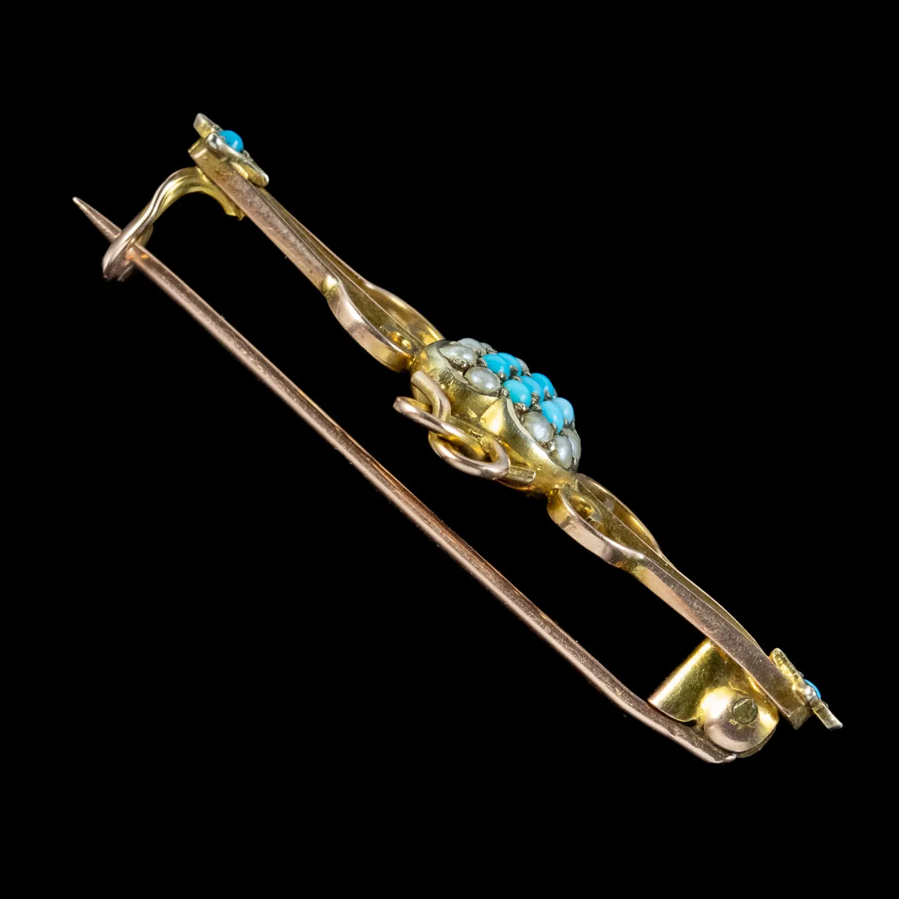 Antique Victorian Turquoise Pearl Heart Bar Brooch 9ct Gold