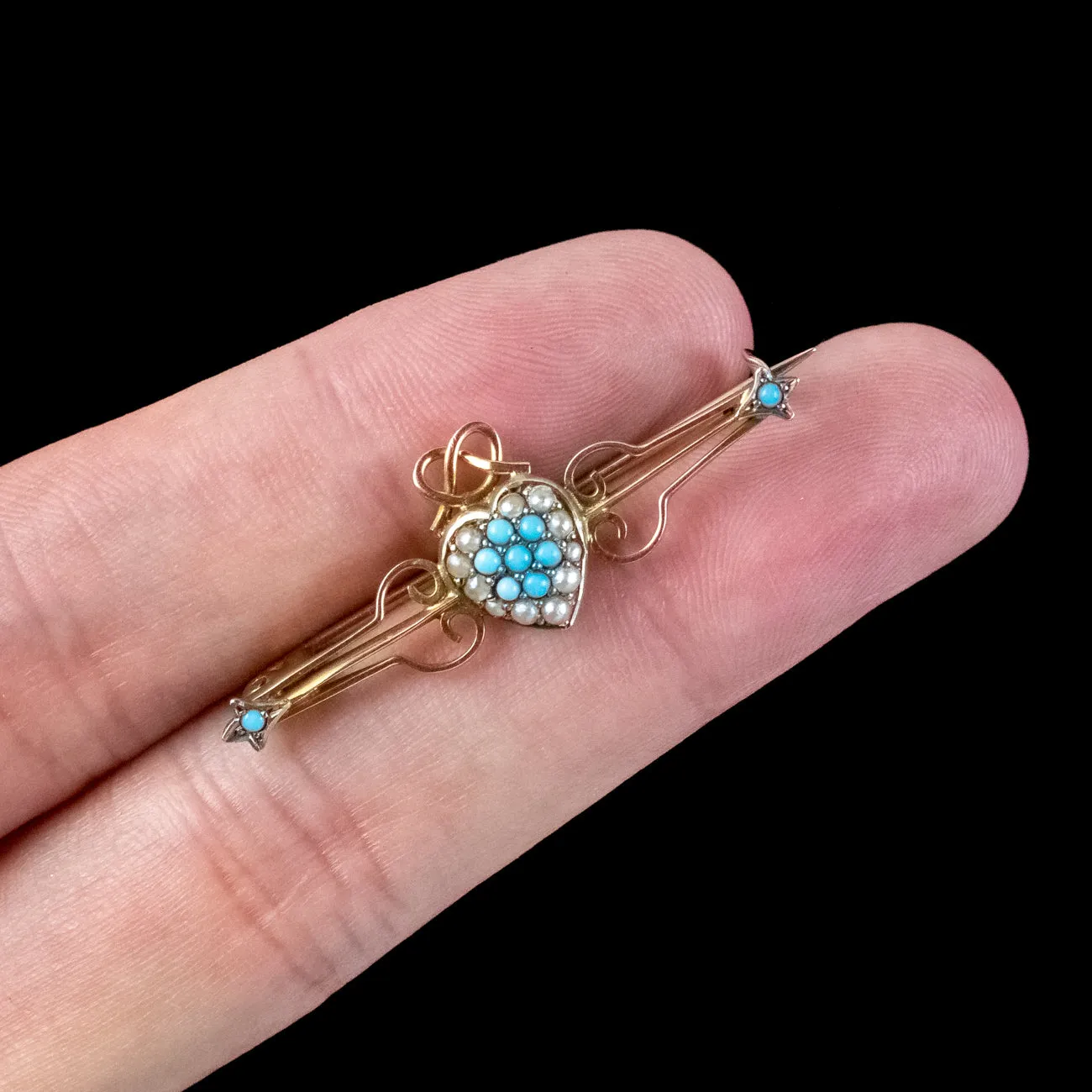 Antique Victorian Turquoise Pearl Heart Bar Brooch 9ct Gold
