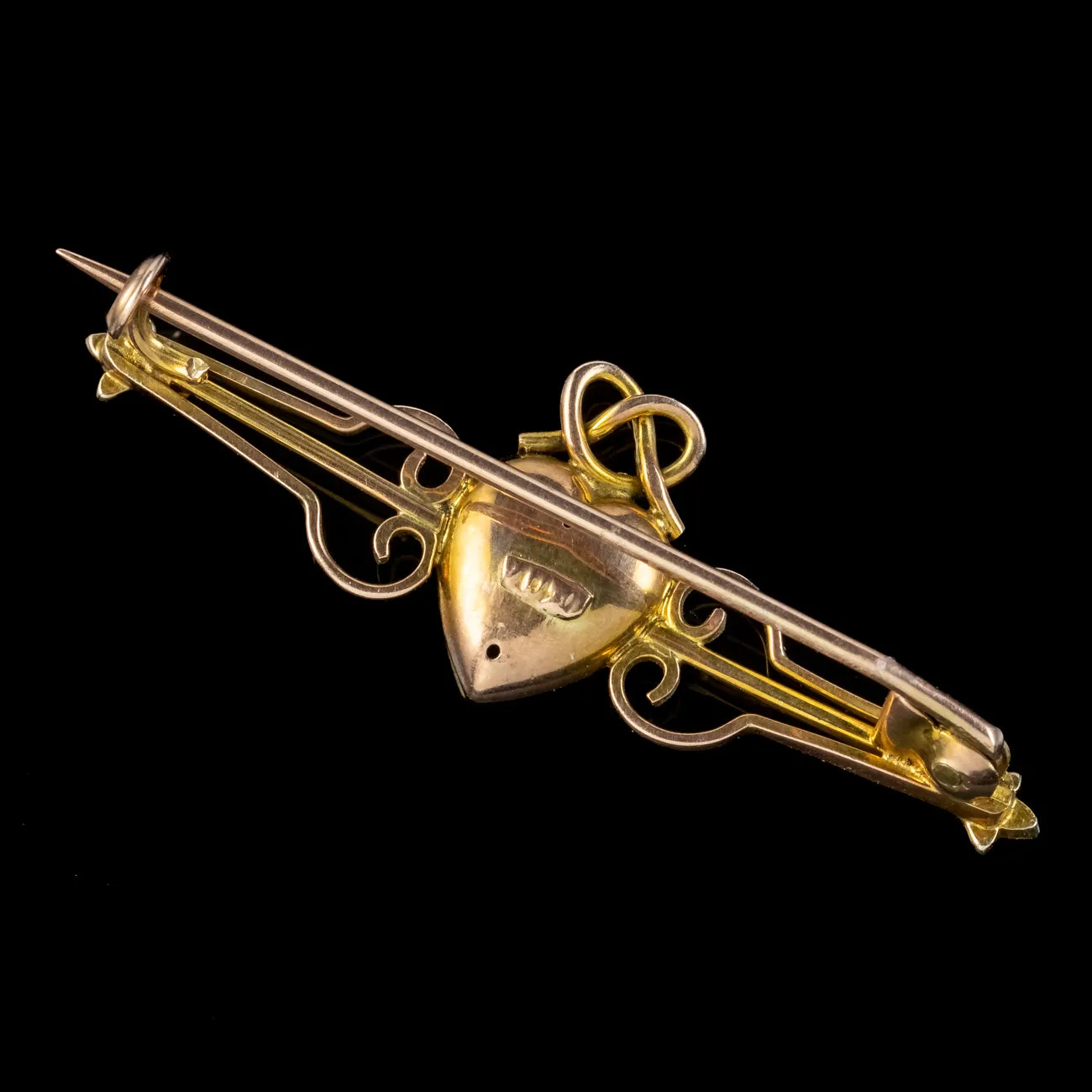 Antique Victorian Turquoise Pearl Heart Bar Brooch 9ct Gold