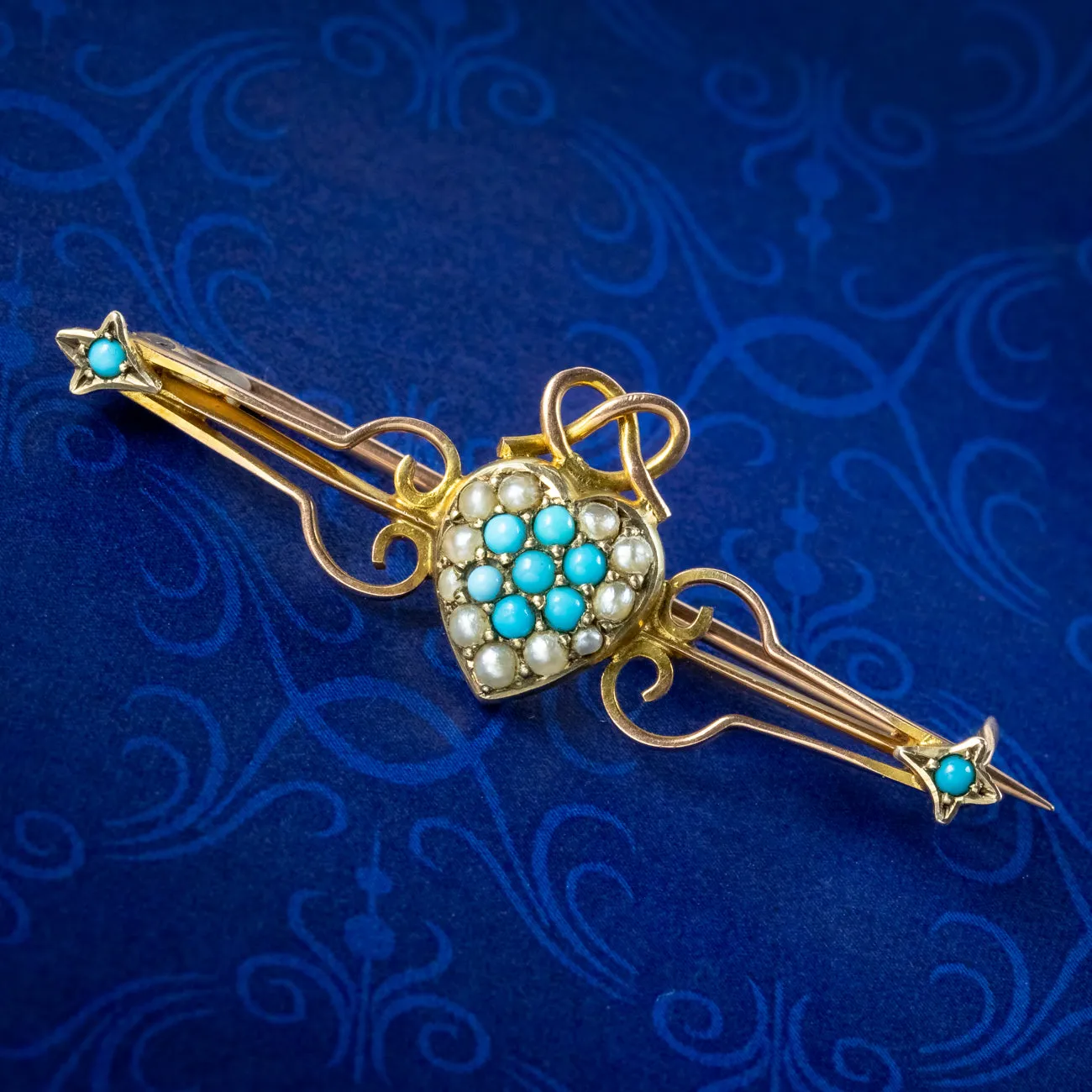 Antique Victorian Turquoise Pearl Heart Bar Brooch 9ct Gold