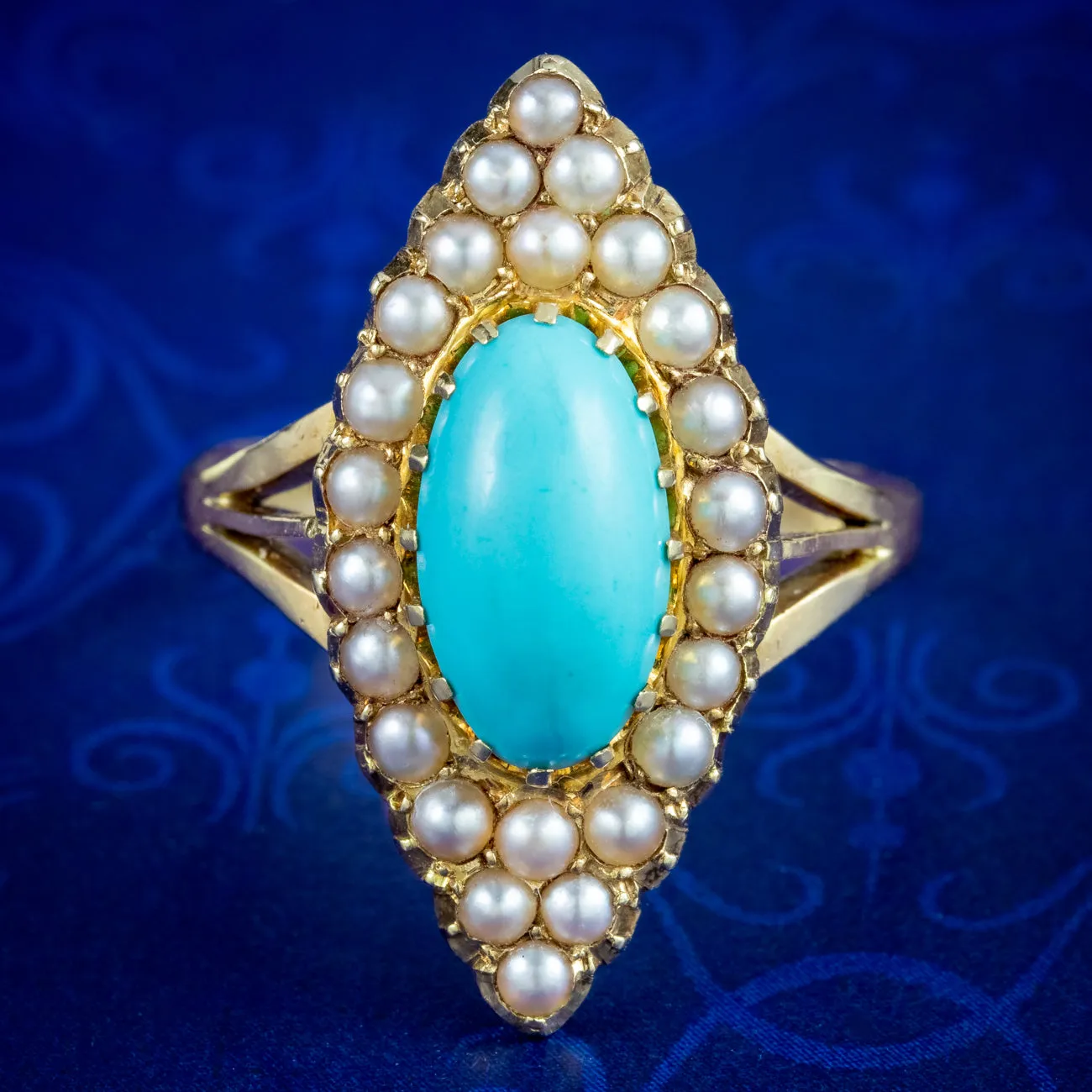 Antique Victorian Turquoise Pearl Navette Cluster Ring