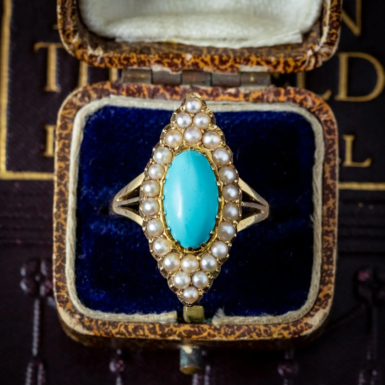 Antique Victorian Turquoise Pearl Navette Cluster Ring