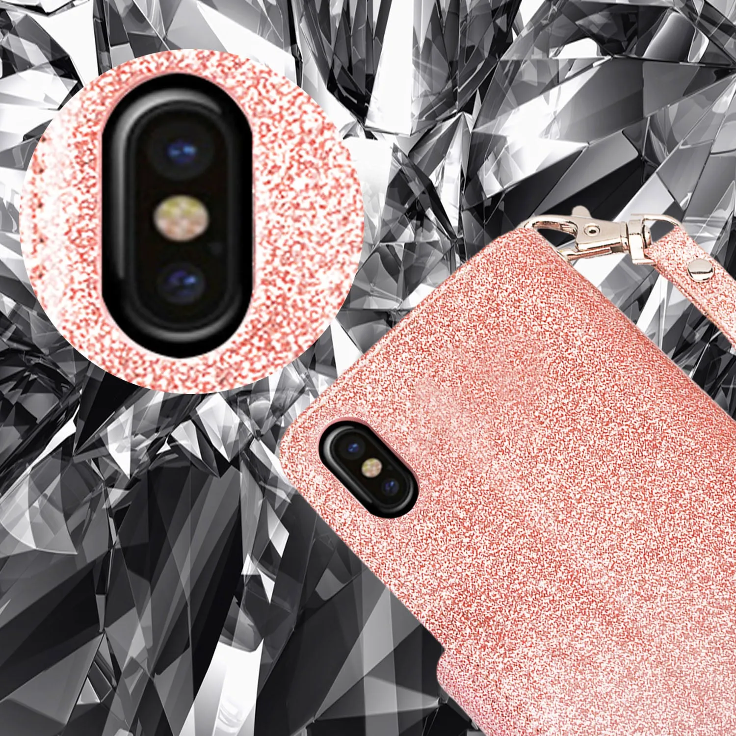 Apple iPhone XR Case, Apple A1984, [Wrist Strap] Glitter Faux Leather Flip [Kickstand Feature] Protective Wallet Case Clutch - Rose Gold