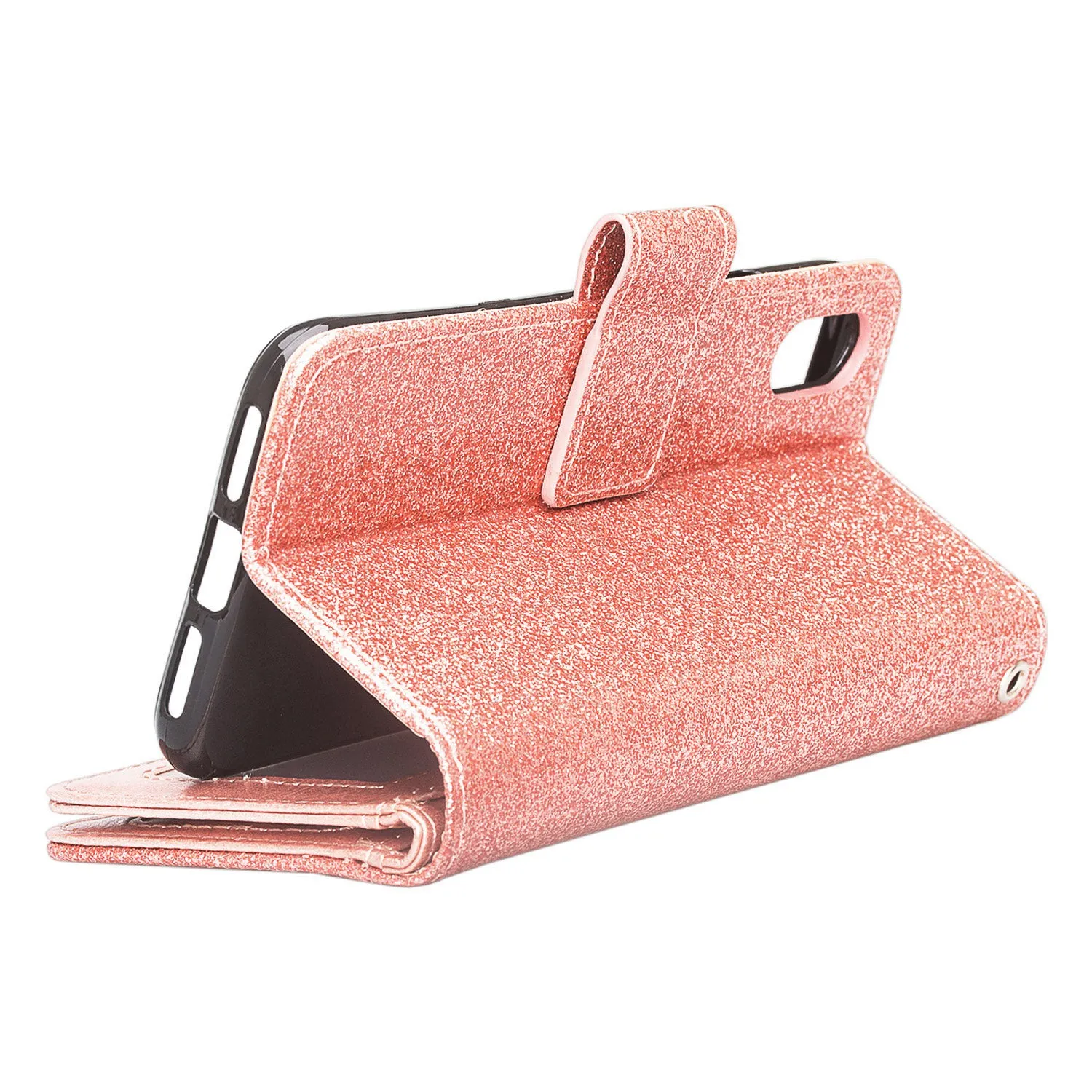 Apple iPhone XR Case, Apple A1984, [Wrist Strap] Glitter Faux Leather Flip [Kickstand Feature] Protective Wallet Case Clutch - Rose Gold