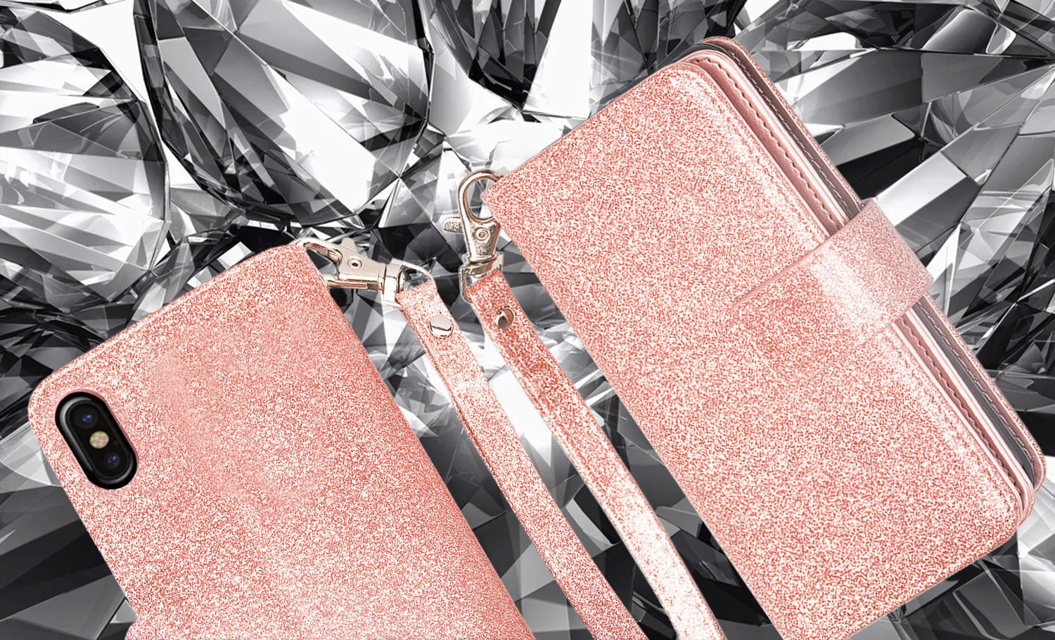 Apple iPhone XR Case, Apple A1984, [Wrist Strap] Glitter Faux Leather Flip [Kickstand Feature] Protective Wallet Case Clutch - Rose Gold