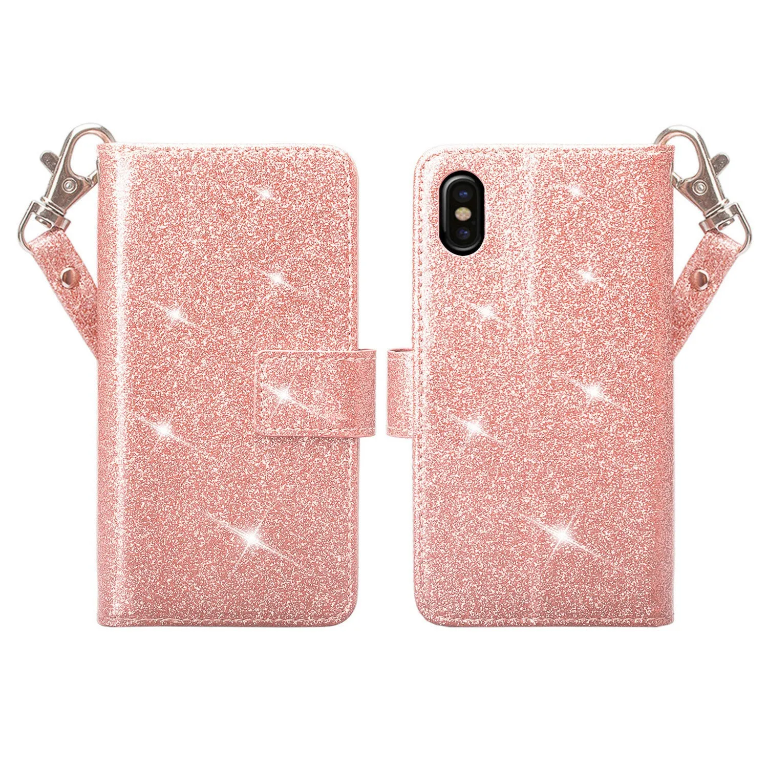 Apple iPhone XR Case, Apple A1984, [Wrist Strap] Glitter Faux Leather Flip [Kickstand Feature] Protective Wallet Case Clutch - Rose Gold