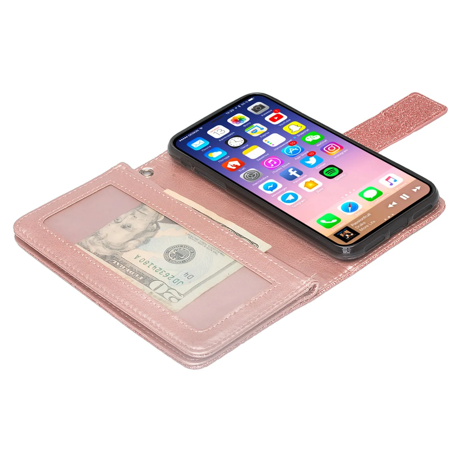Apple iPhone XR Case, Apple A1984, [Wrist Strap] Glitter Faux Leather Flip [Kickstand Feature] Protective Wallet Case Clutch - Rose Gold