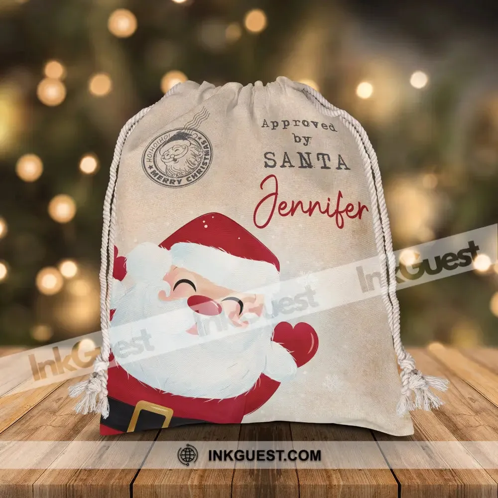 Approved By Santa- Custom Photo And Name, Personalized String Bag, Christmas Gift