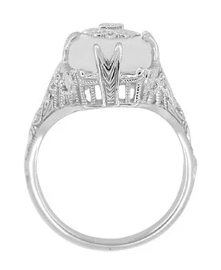 Art Deco Filigree Cabochon Loaf Crystal & Diamond Ring in Sterling Silver