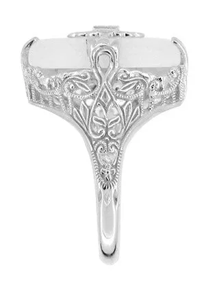 Art Deco Filigree Cabochon Loaf Crystal & Diamond Ring in Sterling Silver
