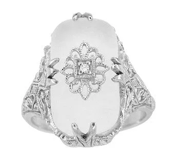 Art Deco Filigree Cabochon Loaf Crystal & Diamond Ring in Sterling Silver