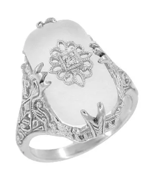 Art Deco Filigree Cabochon Loaf Crystal & Diamond Ring in Sterling Silver