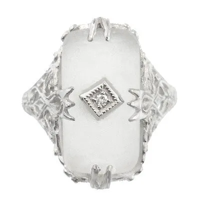 Art Deco Filigree Camphor Crystal Ring with Diamond Center in 14 Karat White Gold