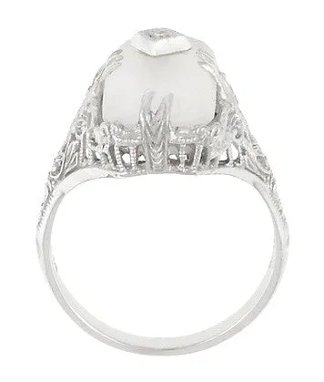 Art Deco Filigree Camphor Crystal Ring with Diamond Center in 14 Karat White Gold