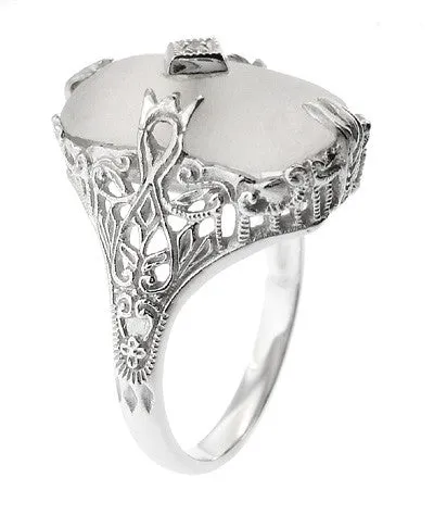 Art Deco Filigree Camphor Crystal Ring with Diamond Center in 14 Karat White Gold