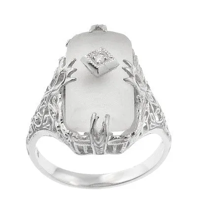 Art Deco Filigree Camphor Crystal Ring with Diamond Center in 14 Karat White Gold