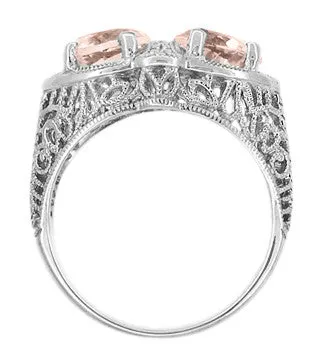 Art Deco Filigree Loving Duo East West Morganite Ring in 14 Karat White Gold